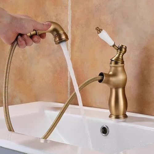 Vollkupfer-Waschbecken, ausziehbarer Wasserhahn, WC, Badezimmerschrank, heiß und kalt, spritzwassergeschützter Wasserhahn (antik) von VFfotO