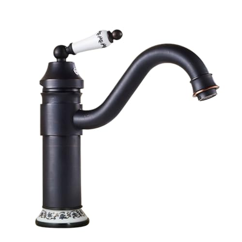 Waschbeckenarmatur aus Kupfer, antikes Warm- und Kaltwasser, Badezimmerschrank, erhöhtes Einzelloch, Tisch, Waschbecken, Retro-Wasserhahn (schwarze Keramik) von VFfotO