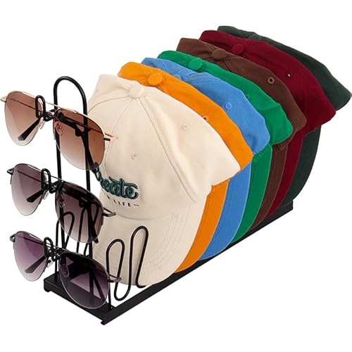 VGASHARE 2-in-1 Brillen-Hut-Organizer für Baseballkappen, Hut-Organizer aus Karbonstahl mit 3 Brillen, Hutablage für 8 Kappen, platzsparend für Schlafzimmer, Schrank, Kommode (schwarz) von VGASHARE
