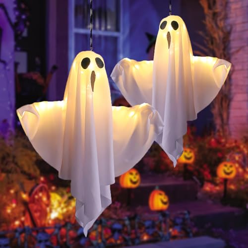 VGE Halloween Geister Dekoration LED [2er Set] - Bewegliche Gruselige Windsack mit 3 LED-Lichtmodi, Outdoor & Indoor Deko für Garten, Fenster, Hof, Veranda - Hängende Partydeko ohne Montage von VGE