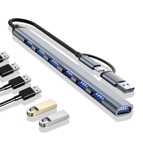 VGE USB-C Hub 7 in 2, USB-C zu 7 USB Adapter 5Gbps Datenübertragung|Plug & Play OHNE Treiber, USB Verteiler für MacBook Pro, Windows Laptop, Mäuse, Tastaturen, Festplatten, PC Zubehör Gaming (Grau) von VGE
