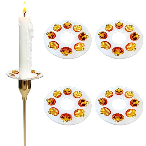 VGEUNA 4 Stück gemusterte Glasbobeches für Kerzenhalter, Halloween-Kürbis-Design, Kerzentropfschutz, Wachsfänger-Ring-Zubehör (Kürbisse) von VGEUNA
