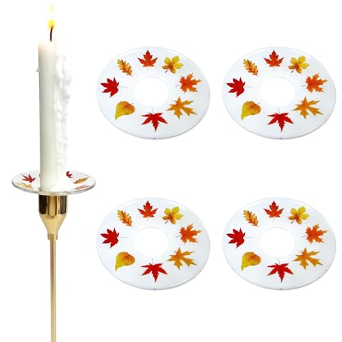 VGEUNA 4 Stück gemusterte Glasbobeches für Kerzenhalter, Thanksgiving Day Ahornblätter-Design, Kerzentropfschutz, Wachsfänger-Ring-Zubehör (Ahornblätter) von VGEUNA