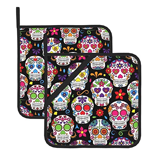 Sugar Skulls bedruckte Topflappen, hitzebeständig, quadratisch, für Küche, Kochen, Mikrowelle, Backofen und Grill, 2 Stück von VGFJHNDF