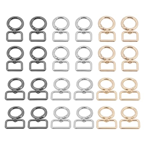 VGOL 24-teilige O-Ring-Schnallen mit Metallfeder 1 Zoll Runder Karabinerhaken mit Drehgelenk für Handtaschengurte 19 X 19 X 46 Mm (Silber Hellgold Gun Black) von VGOL