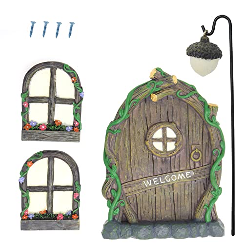 VGOL 4er Set Feentür und Fenster mit Lampe Glow in the Dark Miniatur Fenster Mini Yard Harz Outdoor Ornament für Bäume Feengarten Outdoor Dekoration von VGOL