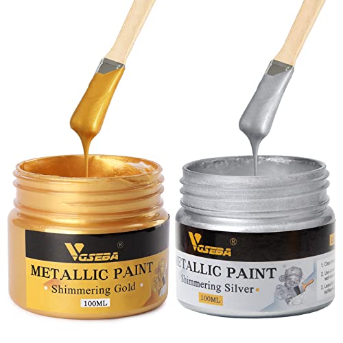 VGSEBA Acrylfarbe, Gold- und Silberblattfarbe auf Wasserbasis, 200 ml umweltfreundliche Metallicfarbe für Kunst- und Handwerksprojekte auf Kalligraphie, Holz, Möbeln von VGSEBA