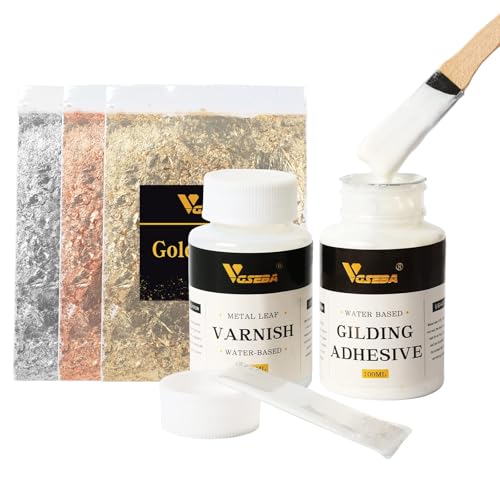 VGSEBA Blattgoldkleber 200ml Set, inkl. Metallblattkleber und Schutzlack auf Wasserbasis, 3 Gram Blattgold Flocken in 3 Farben, für den Professionellen Bastel Gebrauch von VGSEBA