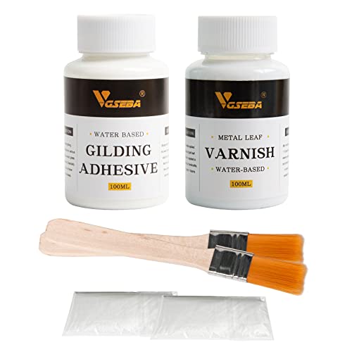 VGSEBA Blattgold Kleber, 100 ml Metallblattkleber auf Wasserbasis und 100 ml Lack für Bastelarbeiten, Kunstgebrauch (200 ml + 2 Pinsel + 2 Handschuhe von VGSEBA