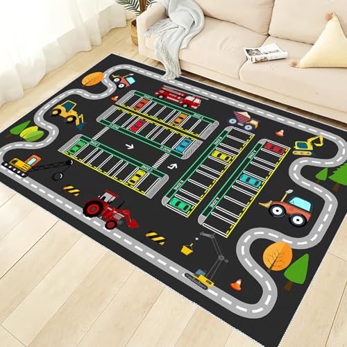 VHCLYBJU Teppich Stadt-Straßenplan，Autoteppich mit Breiten Straßen,Häuser Parkplätze rutschfest flach pflegeleicht für Jungen Mädchen Straße Waschbar (120X170CM(Rechteck)) von VHCLYBJU