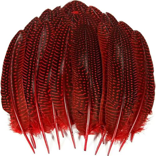 10 Stück Flügel gefleckte Perlhuhnfasanenfedern indische Federn Kopfschmuck Federn DIY Haarschmuck Dekorationen Hochzeitsbasteln-Rote Federn-10 Stück von VHEOKG
