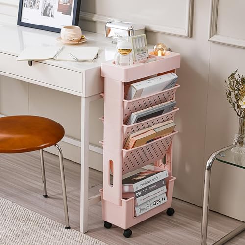 VHVYWY Abnehmbarer Mobiler Bücherregalwagen, 5 Ebenen Mobiles Bücherregal mit Rädern, Multifunktionaler Rollwagen Aus Kunststoff für Schule, Klassenzimmer, Zuhause (Rosa) von VHVYWY