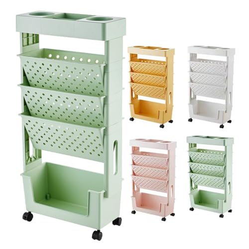 VHVYWY Mobiles Bücherregal Schule, Rollwagen Schmal, Bücher Organizer Bastelwagen Für Kinder, 5 Ebenen Platzsparende Möbel Rollregal Beistellwagen (Hellgrün) von VHVYWY