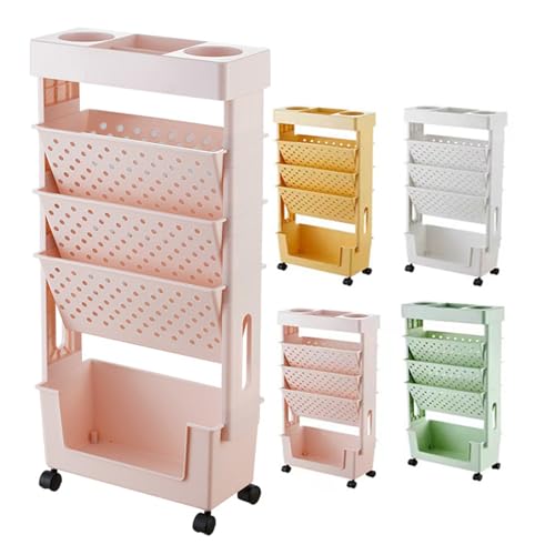 VHVYWY Mobiles Bücherregal Schule, Rollwagen Schmal, Bücher Organizer Bastelwagen Für Kinder, 5 Ebenen Platzsparende Möbel Rollregal Beistellwagen (Rosa) von VHVYWY