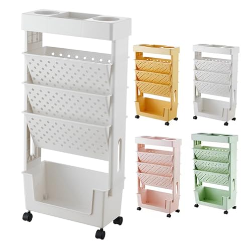 VHVYWY Mobiles Bücherregal Schule, Rollwagen Schmal, Bücher Organizer Bastelwagen Für Kinder, 5 Ebenen Platzsparende Möbel Rollregal Beistellwagen (weiß) von VHVYWY