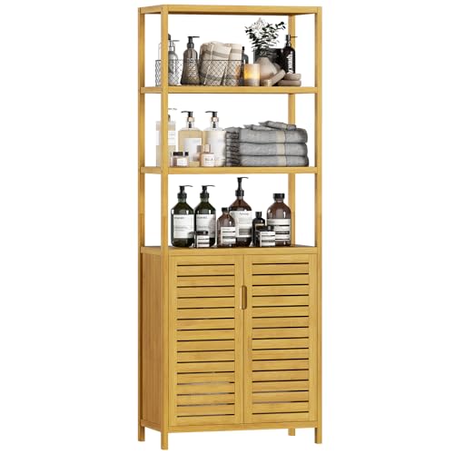 VIAGDO Hochschrank, Badezimmerschrank Bambus, Badschrank hoch mit 3 offene Fächern und Schrank, hoher Beistellschrank, Aufbewahrungsschrank, für Badezimmer, Flur, Küche, Wohnzimmer, 64 x 33 x 169 cm von VIAGDO