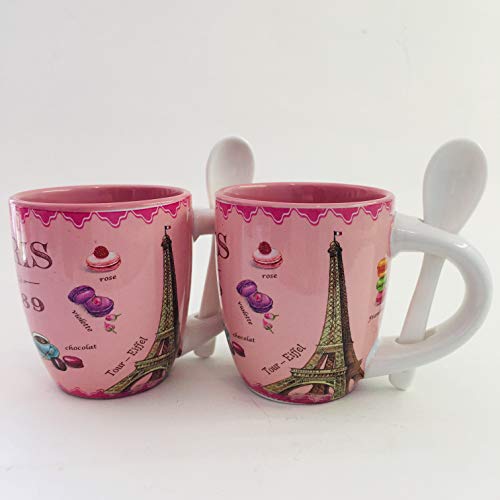 Set mit 2 Mini-Tassen Paris Eiffelturm und anderen Sehenswürdigkeiten von Paris – Motiv: Paris Macarons de Paris – 2 Tassen Mini 6,5 cm und Löffel – Satinoptik von VIANAYA