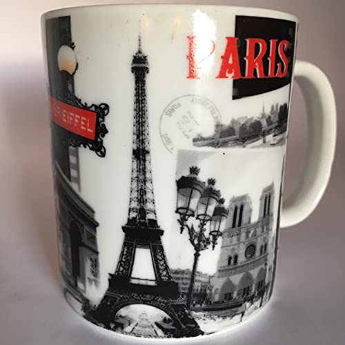 Tasse Paris Eiffelturm und andere Sehenswürdigkeiten aus Paris – Material: Porzellan – Farben schwarz, weiß und rot – klassische Größe 10 cm von VIANAYA