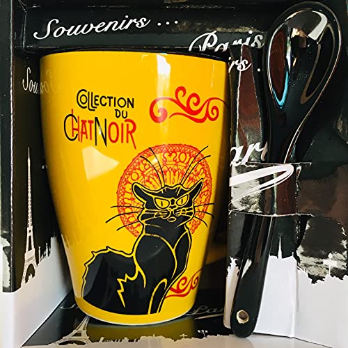 Tasse Paris Katze schwarz mit Löffel – Erinnerung an Montmartre 1889 – Material Porzellan – klassische Größe 10 cm von VIANAYA