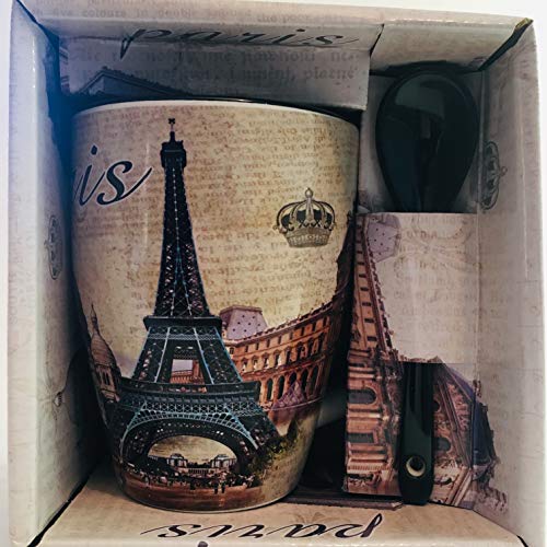 VIANAYA Mug Paris Eiffelturm und andere Sehenswürdigkeiten aus Paris – Motiv Le Louvre – mittlere Größe 10,5 cm mit Löffel – satinierte Optik von VIANAYA