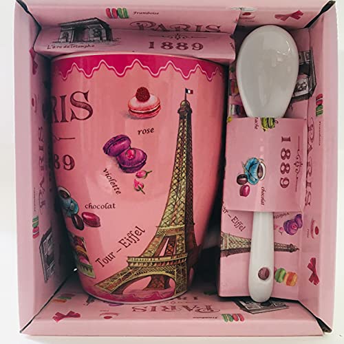 Vianaya Tasse Paris Eiffelturm und andere Sehenswürdigkeiten aus Paris – Motiv Macarons de Paris – mittlere Größe 10,5 cm mit einem Löffel – Farbe leuchtendes Rosa – glänzend von VIANAYA