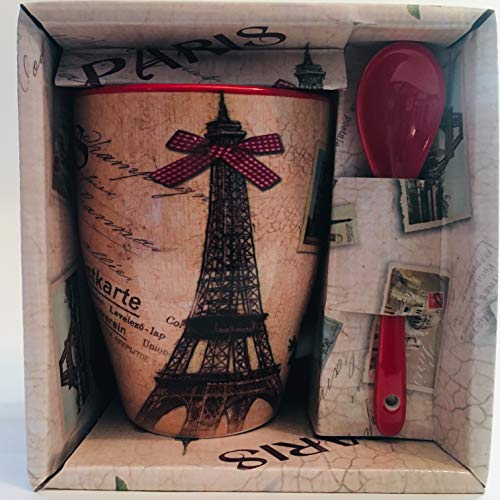 Vianaya Tasse Paris Eiffelturm und andere Sehenswürdigkeiten aus Paris – Motiv rote Schleife – mittlere Größe 10,5 cm mit Löffel – Satinoptik von VIANAYA
