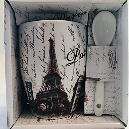 Vianaya Tasse Paris Eiffelturm und andere Sehenswürdigkeiten aus Paris – Schriftmuster – mittlere Größe 10,5 cm mit Löffel – satinierte Optik von VIANAYA