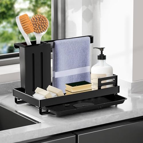 VIBINHO Spülbecken Organizer mit Abflusspfanne, Küchen Spüle Sink Caddy aus Edelstahl, Multifunktionaler Organizer Küche mit Rostschutzlackierter, Utensilien Korb für Küchenzubehör Schwamm/Bürste (A) von VIBINHO