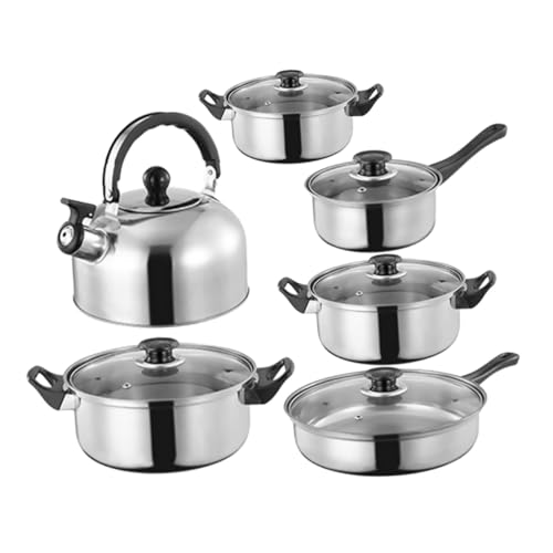 VICASKY 12 Stück Teiliges Edelstahl kochgeschirr set mit Antihaftbeschichtung Kompatibel für Induktions Gas Elektroherde Inklusive Wasserkocher Spülmaschinengeeignet Platzsparend und von VICASKY