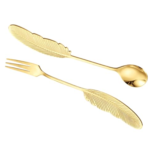 VICASKY 2 Stück Edelstahl Besteck Teilig Feder Design Löffel Gabel Servierbesteck Küchenutensilien für Dessert Obst Tee Goldfarben Langlebig und Pflegeleicht von VICASKY