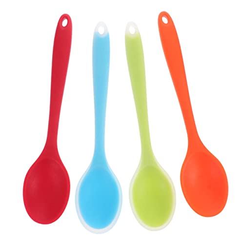 VICASKY 4 Stück Silikon Kochlöffel mit Langem Griff Antihaftbeschichtet Leicht Spülmaschinenfest Hitzebeständig Tragbar für Küche Kochen Servieren und Picknick in Rot Orange Grün Blau von VICASKY