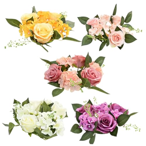 VICASKY 5 Stück Teiliges Künstliche Rosen Kerzenringe Langlebig Frostbeständig Dekorativer Blumenkranz für Hochzeit Tischdeko Valentinstag Festlicher von VICASKY