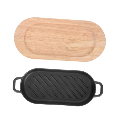 VICASKY Gusseiserne Teppanyaki Grillplatte mit Holztablett Antihaftbeschichtet Gleichmäßige Hitzeverteilung Vielseitig für Steak Fisch und Bbq Robustes für Zuhause und Familienfeiern von VICASKY