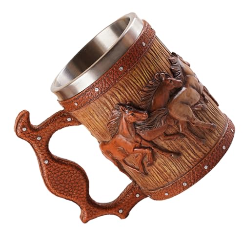 VICASKY Retro Bierbecher mit Pferde Relief Holzfass Design Handlicher Bierkrug für Kalte Getränke Vielseitiger Trinkbecher für Zuhause Bar Restaurant von VICASKY