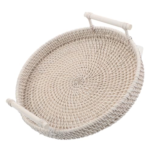 VICASKY Rundes Rattan-serviertablett mit Ergonomischen Griffen Handgewebt Atmungsaktiv für Trockene Aufbewahrung Dekoratives Tabletop-tablett für Küche Wohnzimmer Snacks und von VICASKY