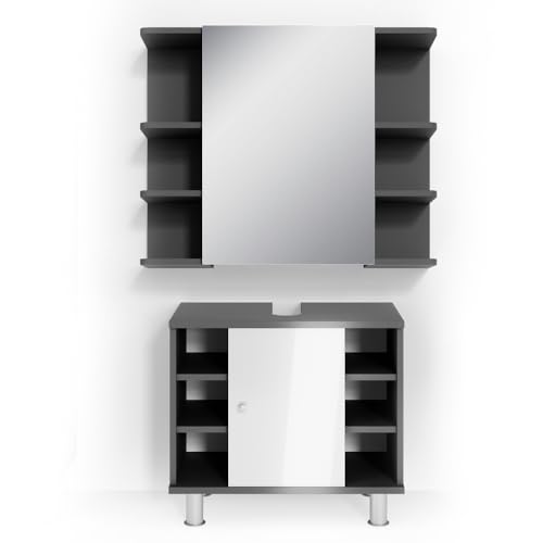 Vicco Badmöbel-Set Anthrazit Fynn, bestehend aus Waschbeckenunterschrank, Bad Spiegelschrank - Offene und geschlossene Fächer für Flexible Aufbewahrung von Vicco