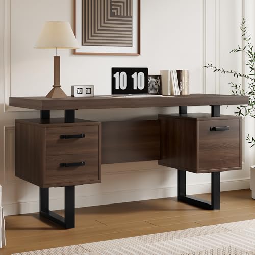 135 x 54 cm einfacher Büroschreibtisch, MDF und hochwertiges Stahlrohr, geräuschlose Schublade, Ordnerschublade, spritzwassergeschützte, geräumige Schreibtischplatte, effiziente Aufbewahrung, braun von VICONELISE