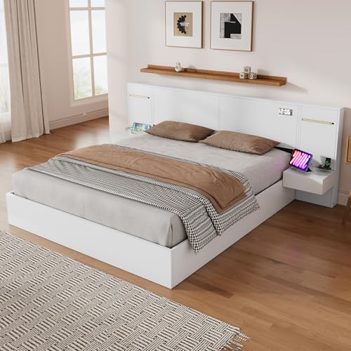 Doppelbett 180*200cm, Holzbett, mit USB-Anschluss, elektronischer Uhr, Bluetooth-Lautsprecher, Farblichtleiste, integrierter Matratze,2 Nachttischen (ohne Schubladen), Matratze nicht enthalten, weiß von VICONELISE
