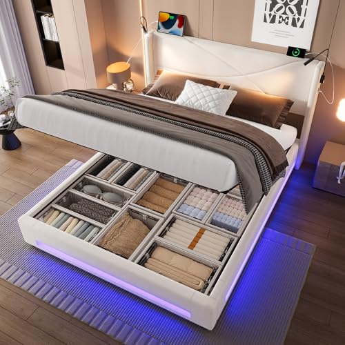 Modernes Bettgestell im modernen Design mit 2 Leselichtern, LED-Lichtleisten, hydraulischem Stauraum, stabiler Lattenrostkonstruktion, USB-Anschlüssen und hoher Belastbarkeit, 140 x 200cm, Beige von VICONELISE
