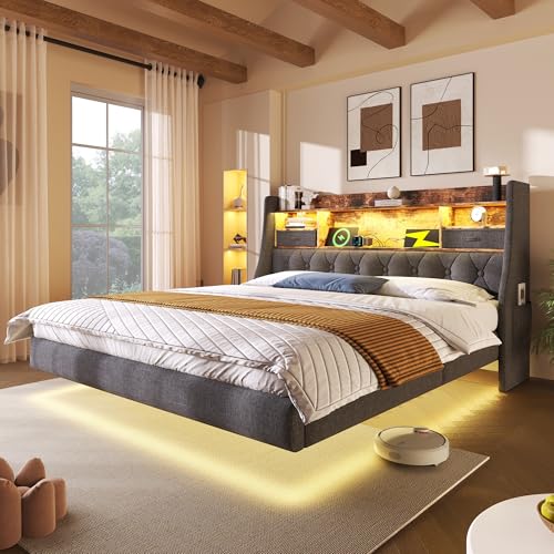 Polsterbett 180x200 cm Schwebebett mit LED-Beleuchtung, Kopfteil und Ladestation(1 Type-C, 3 USB-Anschlüsse), Modern Doppelbett mit Stauraum-Kopfteil und lattenrost, Leinen, Grau(Ohne Matratze) von VICONELISE