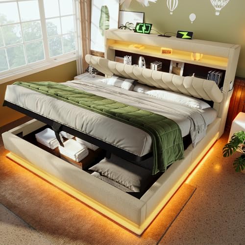 VICONELISE 140x200cm Polsterbett Doppelbett, Stauraum-Kopfteil mit USB- und Typ-C-Anschlüssen, LED-Beleuchtung am Kopf- und Fußende des Bettes, mit Hydraulischem Stauraum, Beige(Ohne Matratze) von VICONELISE