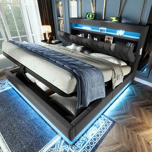 VICONELISE 160x200cm Polsterbett Doppelbett, Stauraum-Kopfteil mit USB- und Typ-C-Anschlüssen, LED-Beleuchtung am Kopf- und Fußende des Bettes, mit Hydraulischem Stauraum, Grau(Ohne Matratze) von VICONELISE