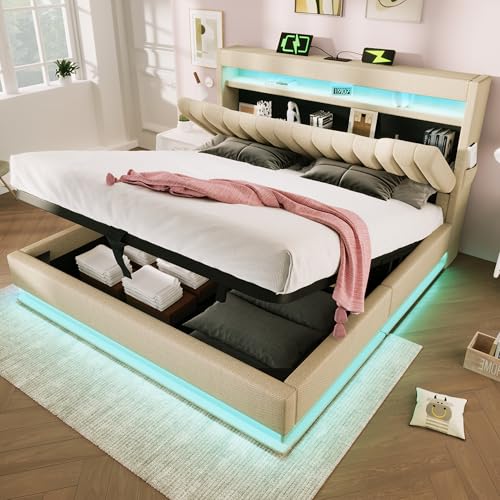 VICONELISE 180x200cm Polsterbett Doppelbett, Stauraum-Kopfteil mit USB- und Typ-C-Anschlüssen, LED-Beleuchtung am Kopf- und Fußende des Bettes, mit Hydraulischem Stauraum, Beige(Ohne Matratze) von VICONELISE