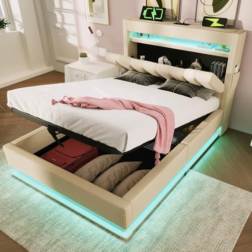 VICONELISE 90x200cm Polsterbett Einzelbett, Stauraum-Kopfteil mit USB- und Typ-C-Anschlüssen, LED-Beleuchtung am Kopf- und Fußende des Bettes, mit Hydraulischem Stauraum, Beige(Ohne Matratze) von VICONELISE
