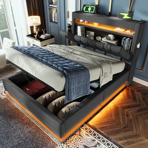 VICONELISE 90x200cm Polsterbett Einzelbett, Stauraum-Kopfteil mit USB- und Typ-C-Anschlüssen, LED-Beleuchtung am Kopf- und Fußende des Bettes, mit Hydraulischem Stauraum, Grau(Ohne Matratze) von VICONELISE