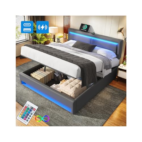 VICONELISE Bett 140 x 190 cm, Polsterbett mit USB-Anschluss (unterstützt kabelloses und kabelgebundenes Laden), mit LED-Beleuchtung und Stauraum, ohne Matratze, PU-Litschi-Muster,Grau von VICONELISE