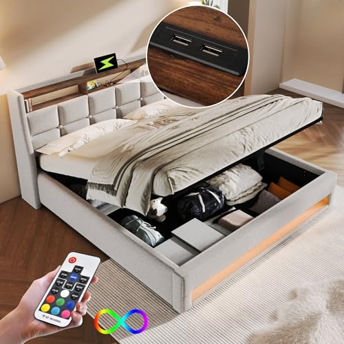 VICONELISE Bett 180x200 mit Lattenrost aus Metallrahmen, Doppelbett mit Gepolstertes Kopfteil und Stauraum, Polsterbett mit LED und USB Typ-C von VICONELISE