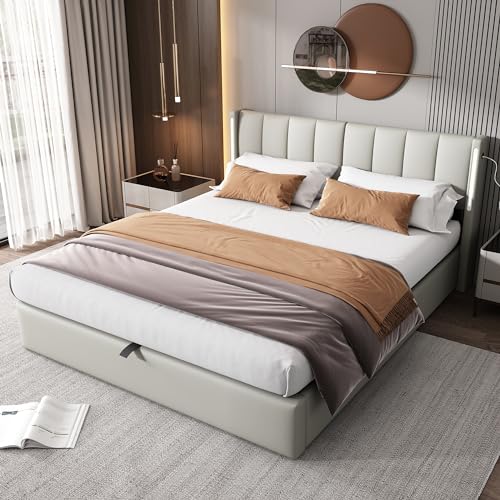 VICONELISE Binaurales LED-Polsterbett 140 x 200 cm, hydraulisches Bett, wiederaufladbarer USB-Anschluss im Bett, mit LED-Beleuchtung, mit Stauraum, verstellbares Kopfteil, PU, grau von VICONELISE