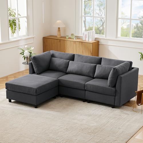 VICONELISE Ecksofa mit Schlaffunktion, Ecksofa mit Fußhocker, Dreisitzer Sofa, Sofa L förmiges, Wohnzimmersofa Eckcouch Polstermöbel(Grau) von VICONELISE