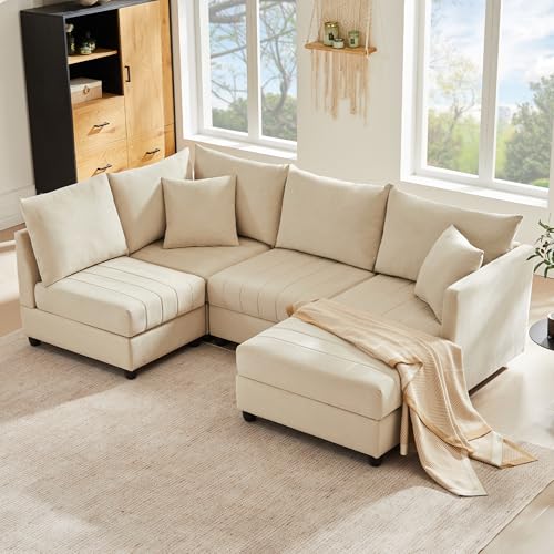 VICONELISE Ecksofa mit Schlaffunktion, Ecksofa mit umwandelbarem Fußhocker, 5-Sitzer Modulares Sofa mit vertikalen Streifen, L-förmiges U-förmiges Sofa, geeignet für Wohnzimmer(Beige) von VICONELISE